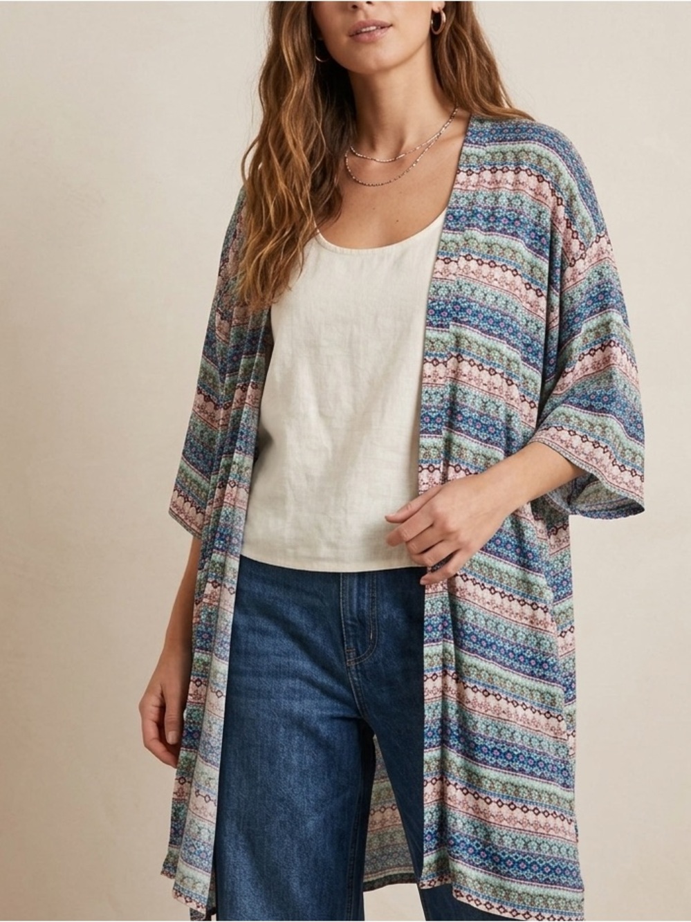 Skinny‎ Dip Boho Print Kimono Half Sleeve Open Front Swim Coverup Women’s O/S